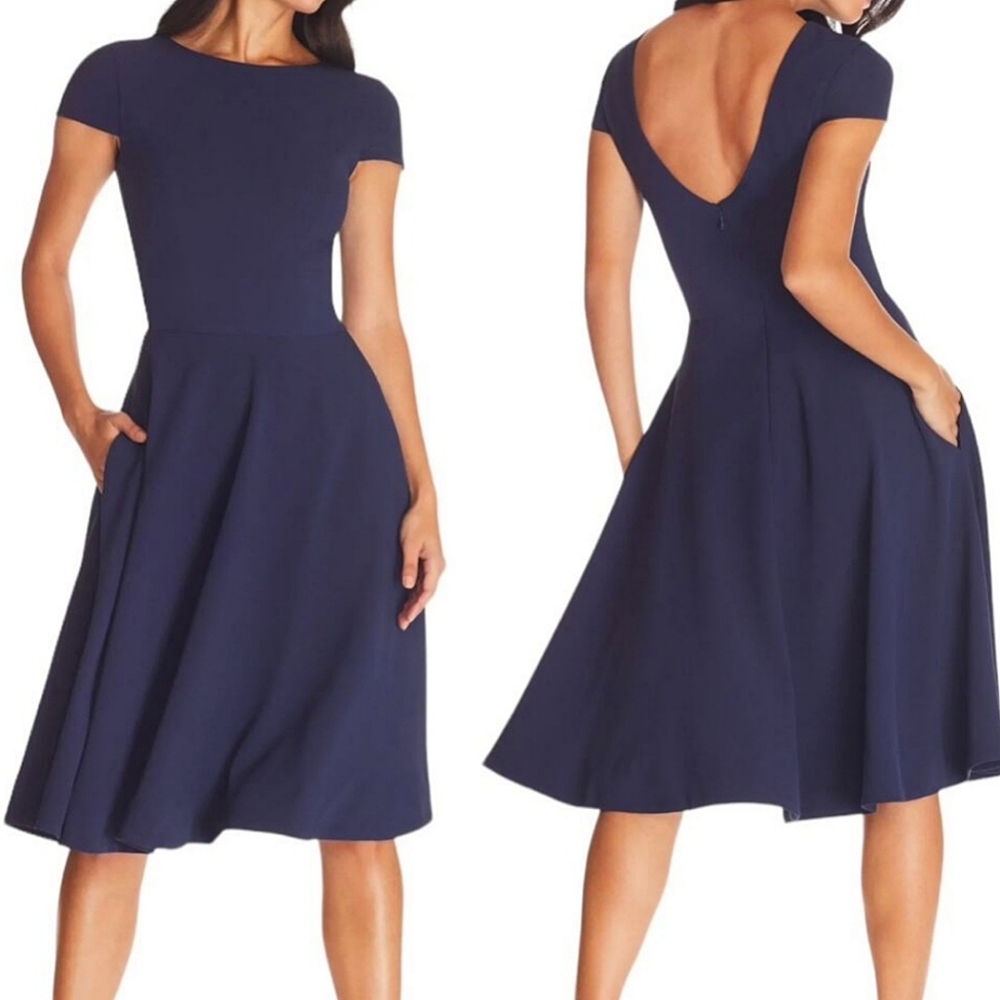 NEW Dress The Population Livia Fit Flare Navy Cap Sleeve Low Back Swing Dress